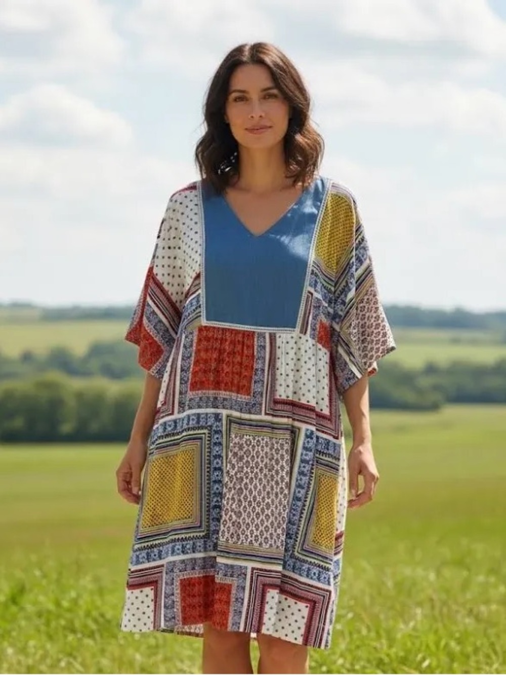 The Vermont Country Store Patchwork Denim Bib Dress Size 2X Boho Midi Floral